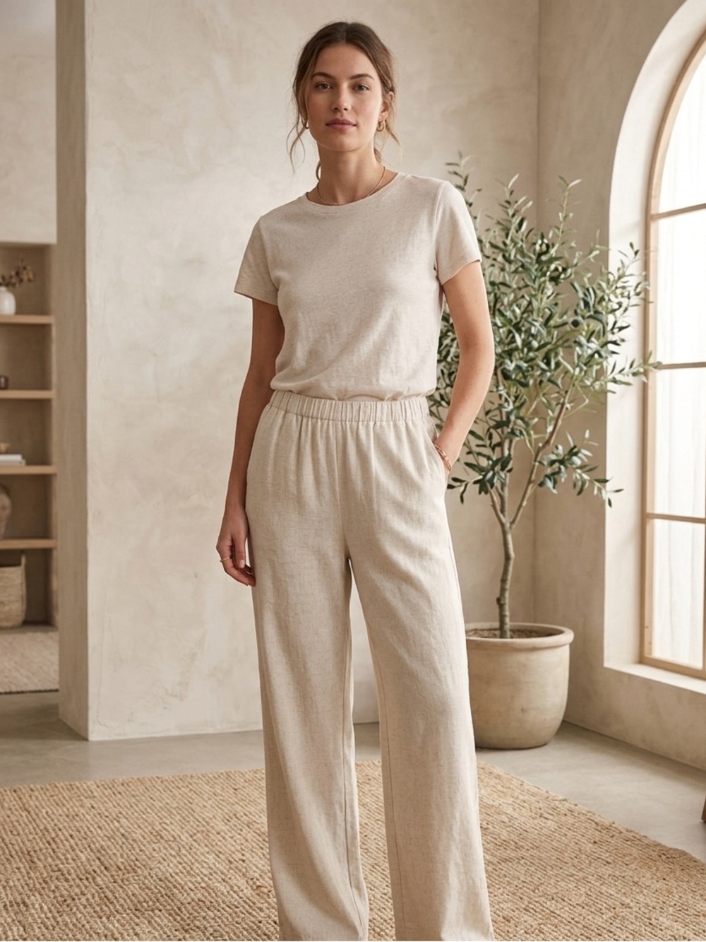 Women's Cream Wide-Leg Elastic-Waist Pants